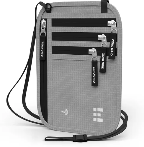 Vista 21 de Cartera para el cuello para viajes y pasaporte con bloqueo RFID, delgada y fácil de ocultar, bolsa de viaje de nailon para hombres y mujeres