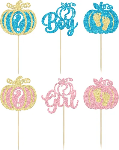 Vista 7 de 24 adornos para cupcakes de calabaza para niños o niñas con purpurina para revelación de género, decoración para cupcakes de calabaza, pies