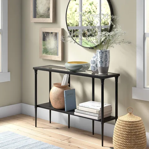 Vista 5 de Dafna - Mesa consola rectangular de 45 pulgadas de ancho en bronce ennegrecido Two-tier design with glass top adds stylish storage and display