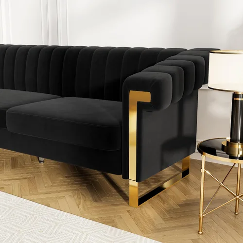 Vista 9 de Sofás de terciopelo de 83 pulgadas para sala de estar, cómodos sofás tapizados de 3 plazas para apartamento moderno para espacios pequeños (negro)