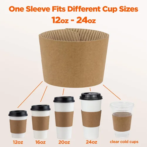 Vista 4 de FMP Brands Paquete de 100 fundas de café Kraft desechables para bebidas calientes, fundas duraderas de cartón corrugado para tazas de 12 a 24 onzas