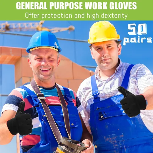 Vista 2 de Xtinmee 50 pares de guantes de trabajo con revestimiento de nitrilo para hombres, guantes de trabajo de seguridad rojos a granel para mujeres
