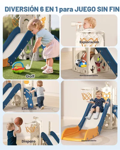Vista 4 de BIERUM Tobogán para niños, juego de 6 en 1 para interiores y exteriores con aro de baloncesto, juego de golf y telescopio, juego de tobogán y Azul