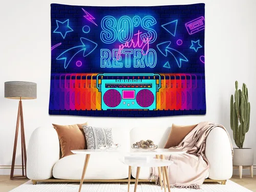 Vista 4 de Telón de fondo retro de 5 x 3 pies para fiesta de los años 80 con letras de neón Boombox, cinta de cassette de ladrillo para fiesta temática