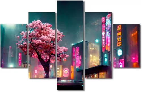 Vista 33 de Póster de 5 paneles en lienzo para decoración de pared, diseño de centro urbano Cyberpunk, impresión moderna, decoración de pared para el hogar