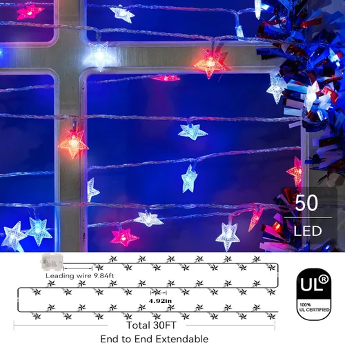 Vista 2 de Luces decorativas del 4 de julio, color rojo, blanco y azul, funciona con pilas, 50 LED, cadena patriótica de estrellas de 20 pies, 8 modos