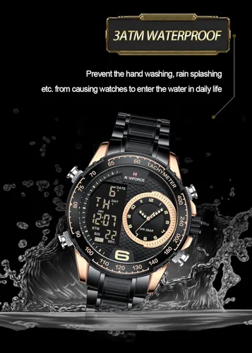 Vista 5 de NAVIFORCE Reloj para hombre, reloj de cuarzo digital de doble pantalla, multifuncional, de acero inoxidable