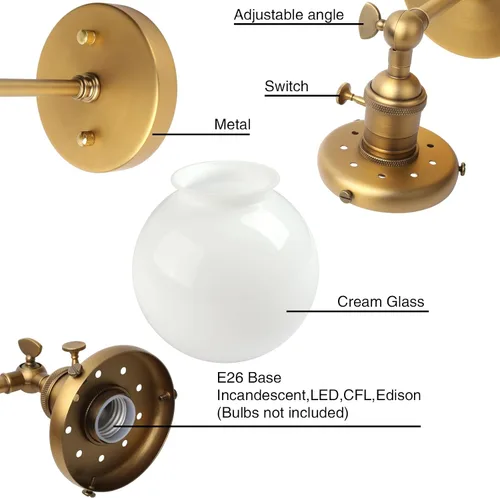 Vista 3 de PERMO Aplique de pared vintage con globo redondo de 5.9 pulgadas, pantalla soplada a mano de vidrio blanco leche, apliques de pared cableados