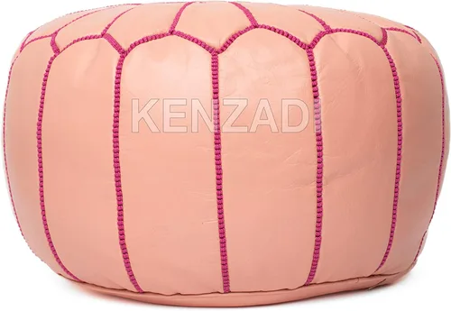 Vista 2 de Kenzadi Funda para puf otomano de cuero genuino cosida a mano en Marrakech por artesanos marroquíes, reposapiés, sin relleno (rosa claro por rosa)