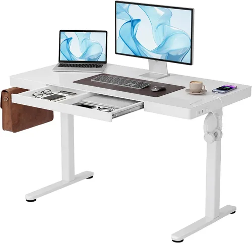 Vista 19 de Claiks Escritorio de pie pequeño de cristal con cajones y puertos USB 32x19 negro