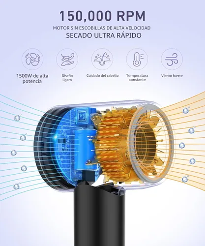 Vista 2 de Secador de pelo íonico negativo con motor eléctrico de alta velocidad sin escobillas de 150,000 RPM para secado rápido, silencioso y con control