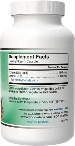 Vista 2 de Wonder Laboratories Pet Factor B-12 Vitamina B-12 en forma de metilcobalamina Popular en el tratamiento de EPI en perros 180 cápsulas