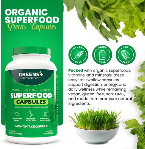Vista 2 de Greens+ Superfood Organic Super Greens Cápsulas vegetales con clorela orgánica, espirulina, alfalfa y pasto de trigo, suplemento mezclado