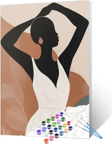 Vista 20 de Pintura de niña afro a la moda, kits de pintura por números, 16 x 20 pulgadas, lienzo de hojas tropicales, pintura al óleo para niños y adultos