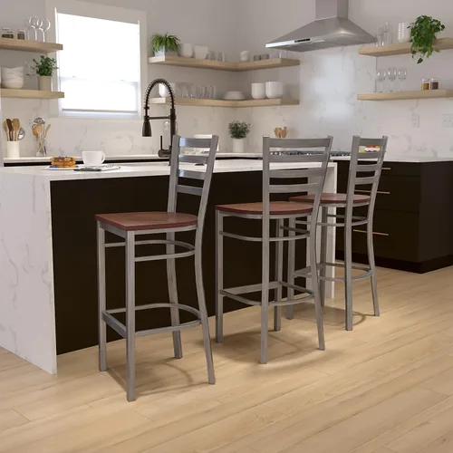 Vista 2 de Flash Furniture HERCULES Series - Taburete de bar de metal con revestimiento transparente para restaurante, asiento de madera de cerezo Asiento