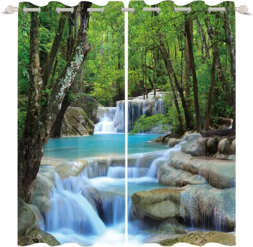 Vista 10 de Renaiss Cortinas opacas con cascada, diseño de bosque profundo, con aislamiento térmico, para dormitorio, árboles, estanques, piedras, para sala
