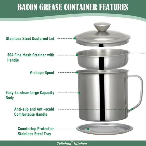 Vista 7 de Tellshun Recipiente de grasa de tocino con colador de 1.25 L / 42 oz fuerte atrapador de cocina de acero inoxidable de grado alimenticio con tapa