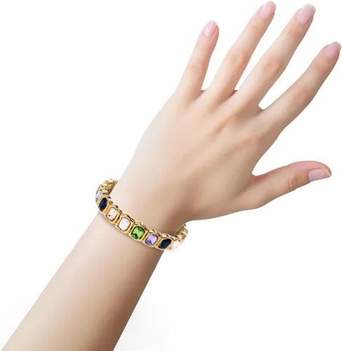 Vista 6 de hopmiss Baroque Pearl Stretch Bracelet with Faceted Rhinestone Cabochon, Luxury Molten Casting Texture Bracelet with Colored Gemstones for Women