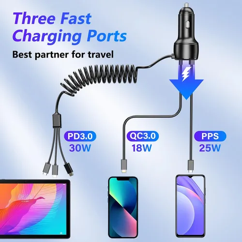 Vista 3 de Phmnkl Cargador de coche de doble puerto de 66 W, 1 unidad - USB C (PD30W) + USB A (QC3.0) - Carga rápida para iPhone 14/13/12, Galaxy S23/22, Pixel