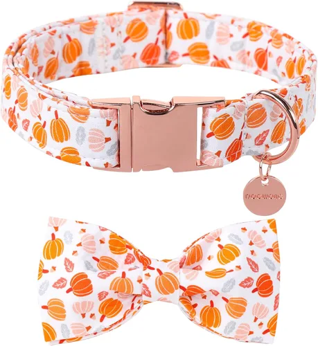 Vista 23 de DOGWONG - Collar de Acción de Gracias con Bellota y Flor para Perro, Collar de Perro de Pavo Otoñal, Collar de Calabaza de Algodón Suave y Duradero