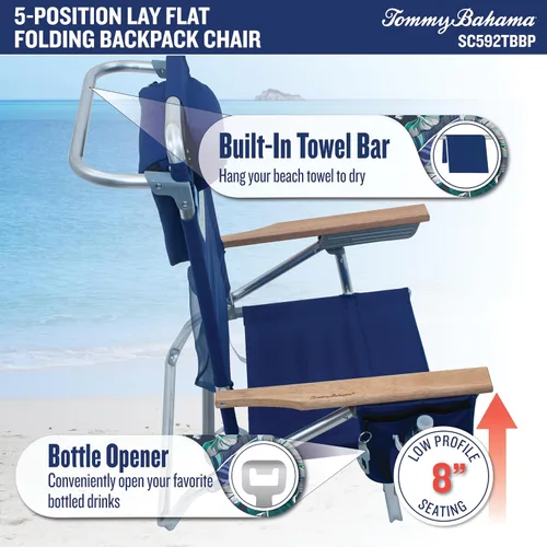 Vista 6 de [Usado] Tommy Bahama - Silla plegable clásica para playa con 5 posiciones y mochila, rayas azules y verdes, 23 x 25.25 x 31.5 pulgadas