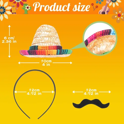Vista 2 de Pasimy Juego de 12 sombreros de fiesta de mini sombrero, bigotes falsos, 6 diademas mexicanas con 6 bigotes para disfraz de Halloween