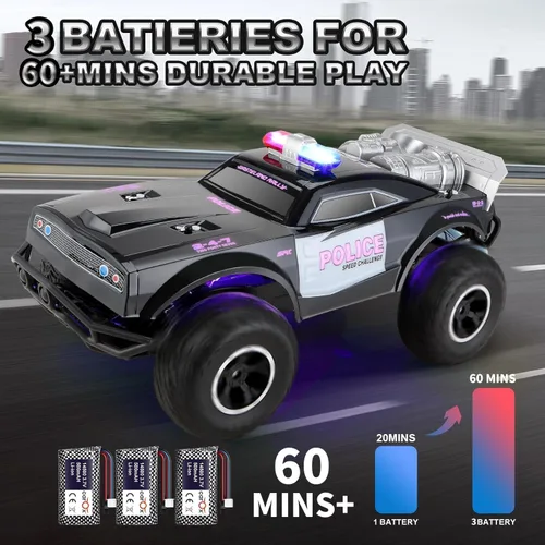 Vista 6 de Carox Coche de policía grande a control remoto con luces y sirenas para niños 1:8 coche policía con tres baterías recargables duradero RC camión