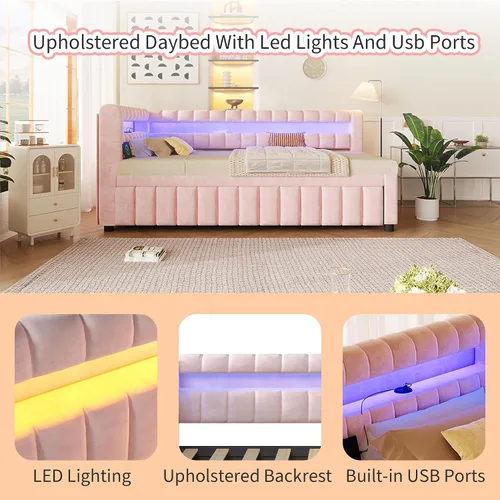 Vista 10 de Polibi Sofá cama tapizado individual XL a King con nido extraíble, luces LED y puertos USB, marco de cama con plataforma de listones de madera