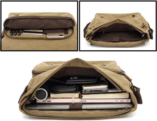 Vista 4 de Sechunk Bolso de mensajero vintage de lona, bolso de hombro de cuero grande de viaje, bolsos cruzados para hombres y mujeres 15 pulgadas portátil