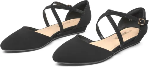 Vista 2 de DREAM PAIRS Zapatos planos de tacón bajo con correa de tobillo y punta puntiaguda para mujer, zapatos de vestir cómodos y casuales para negocios