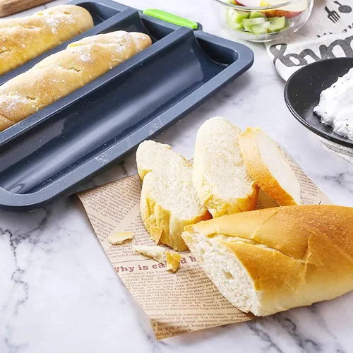 Vista 4 de Molde de silicona antiadherente para hornear pan francés – Bandeja de pan de 3 ondas de 11 x 2.3 pulgadas con forro para tostadora de horno, bandeja