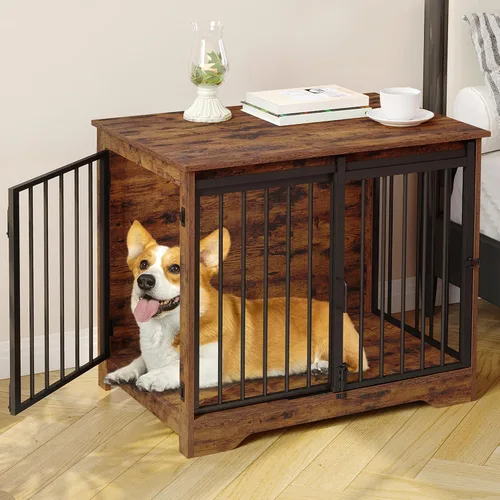 Vista 23 de Hzuaneri Mueble de jaula para perros de 27.2 pulgadas con puerta de granero, perrera resistente para interiores con 2 puertas, mesa auxiliar jaula