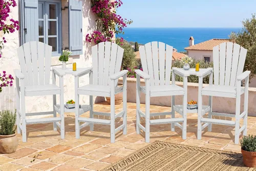 Vista 12 de KINGYES Aruba - Juego de 4 sillas Adirondack altas de HDPE con bandejas de conexión dobles, silla Adirondack de altura de barra en relieve para 2