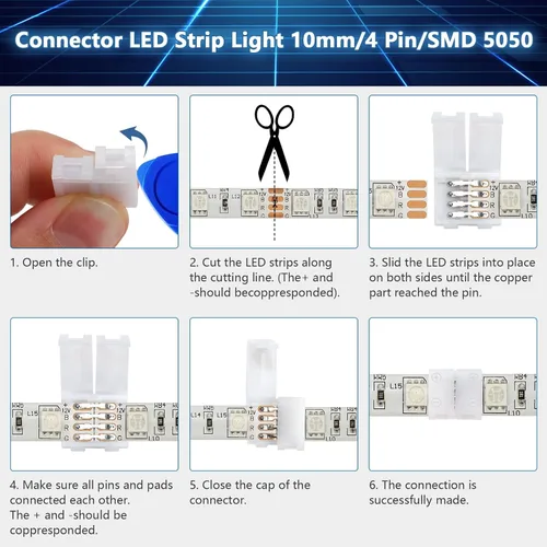 Vista 5 de Paquete de 10 conectores de tira de luz LED RGB de 4 pines, terminal adaptador sin soldadura y sin huecos para tiras LED flexibles SMD 5050 RGB