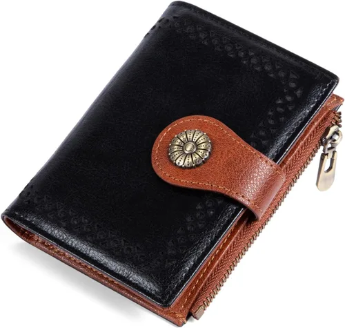 Vista 14 de Cartera pequeña para mujer, con bloqueo RFID, de piel suave, plegable, compacta, tarjetero para mujer, con bolsillo con cremallera, color negro