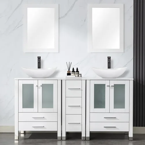 Vista 27 de LUCKWIND 60" Double 24" Bathroom Vanity with Sink Combo, Elegant Series with One 12.6-in Side Cabinet, Painted Frame, Including Tempered Glass Round