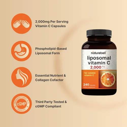 Vista 3 de NatureBell Vitamina C liposomal 2,000 mg por porción, 240 cápsulas Vitaminas solubles en grasa de alta absorción – Suplemento antioxidante