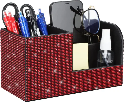 Vista 9 de Portalápices de escritorio con diamantes de imitación pegados, caja de almacenamiento de papelería, organizador multifuncional para bolígrafos