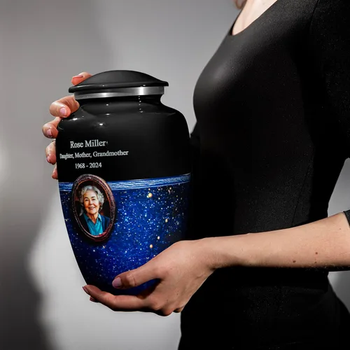 Vista 6 de Urna fotográfica de galaxia azul para cenizas humanas – Homenaje de cremación personalizado con retrato, nombre y fechas, recuerdo conmemorativo