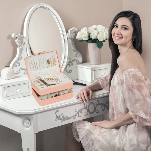Vista 5 de BUTI4WLD Joyero pequeño, cajas de joyería para mujeres y niñas, caja organizadora de joyas, 2 capas organizador de almacenamiento de joyas de viaje
