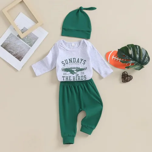 Vista 2 de BULINGNA Traje de fútbol infantil de 3 piezas para bebés y niños, los domingos son para los pájaros águilas, mameluco con sombrero, ropa de otoño