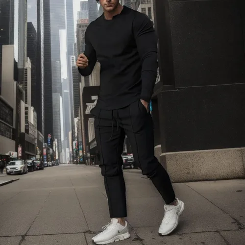 Vista 4 de Masculino Casual Sólido Traje De Dos Piezas Cuello Redondo Manga Larga Top Blusa Traje De Cordón Bolsillo Pantalones Conjunto Brillante Para Hombre