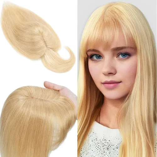 Vista 17 de SEGO Toppers de cabello humano 100% real, con flequillo de aire, base de seda 150% de densidad, topper con clip, 2.7 x 5.1 pulgadas, piezas