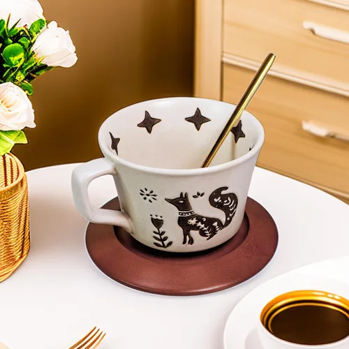 Vista 7 de Taza de café de cerámica vintage Taza de té de café de cerámica gruesa con platillo y cuchara de madera, taza de té y platillo de 12 onzas