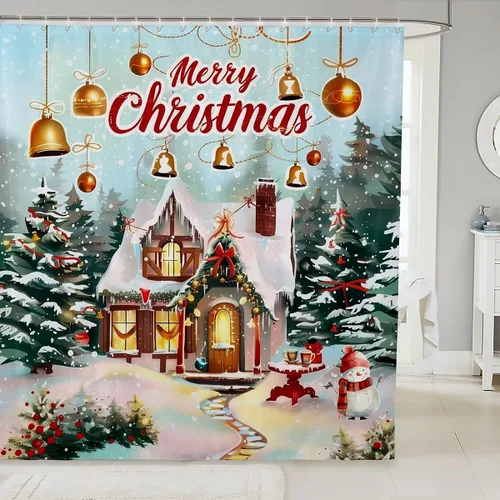 Vista 13 de Homewish Cortina de ducha de árbol de Navidad, juego de cortina de ducha de baño con diseño de copo de nieve dorado para niños y adultos, cortina