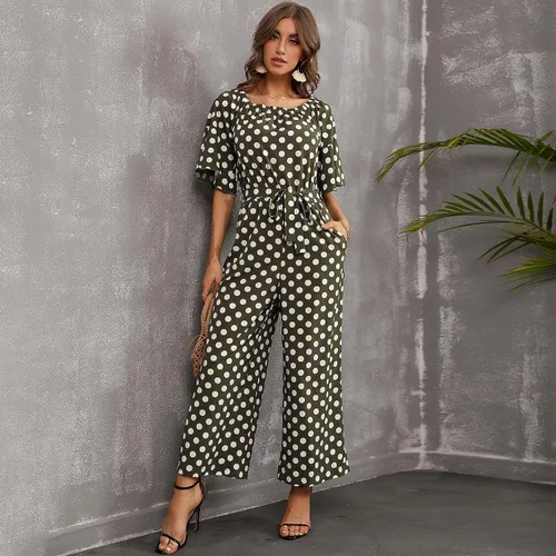 Vista 3 de Love Welove Fashion - Overol para mujer, diseño floral, hombros descubiertos, con volantes, manga corta, cintura alta, pantalones de pierna ancha