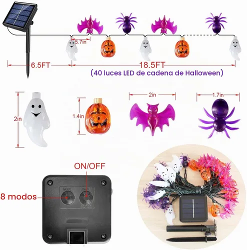 Vista 3 de Cadena de luces de Halloween con energía solar, 40 LED, 8 modos, resistente al agua, encendido/apagado automático, para uso en exteriores