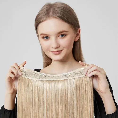 Vista 7 de REECHO - Extensiones de cabello con alambre invisible y con diadema transparente, tamaño ajustable, clips seguros extraíbles, cabello lacio, diseño