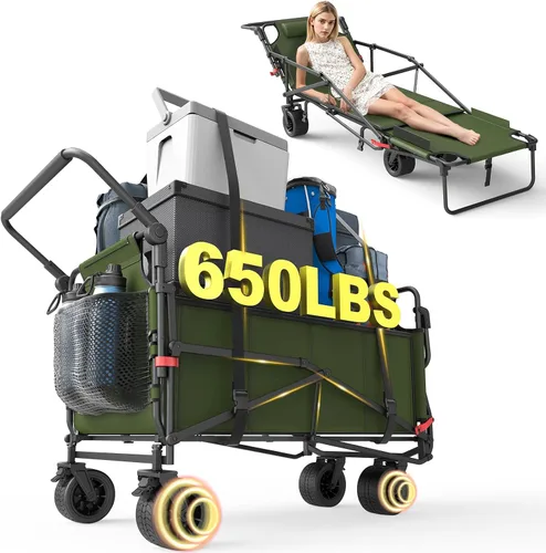 Vista 15 de LEVELEVE Vagón Plegable de Servicio Pesado - Carrito Plegable 2 en 1, Capacidad de 400 libras, Ruedas Todo Terreno con Frenos y Bolsillos Laterales