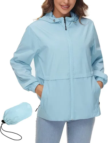 Vista 15 de Avoogue Chaqueta impermeable para mujer, ligera, plegable, con capucha, rompevientos para exteriores